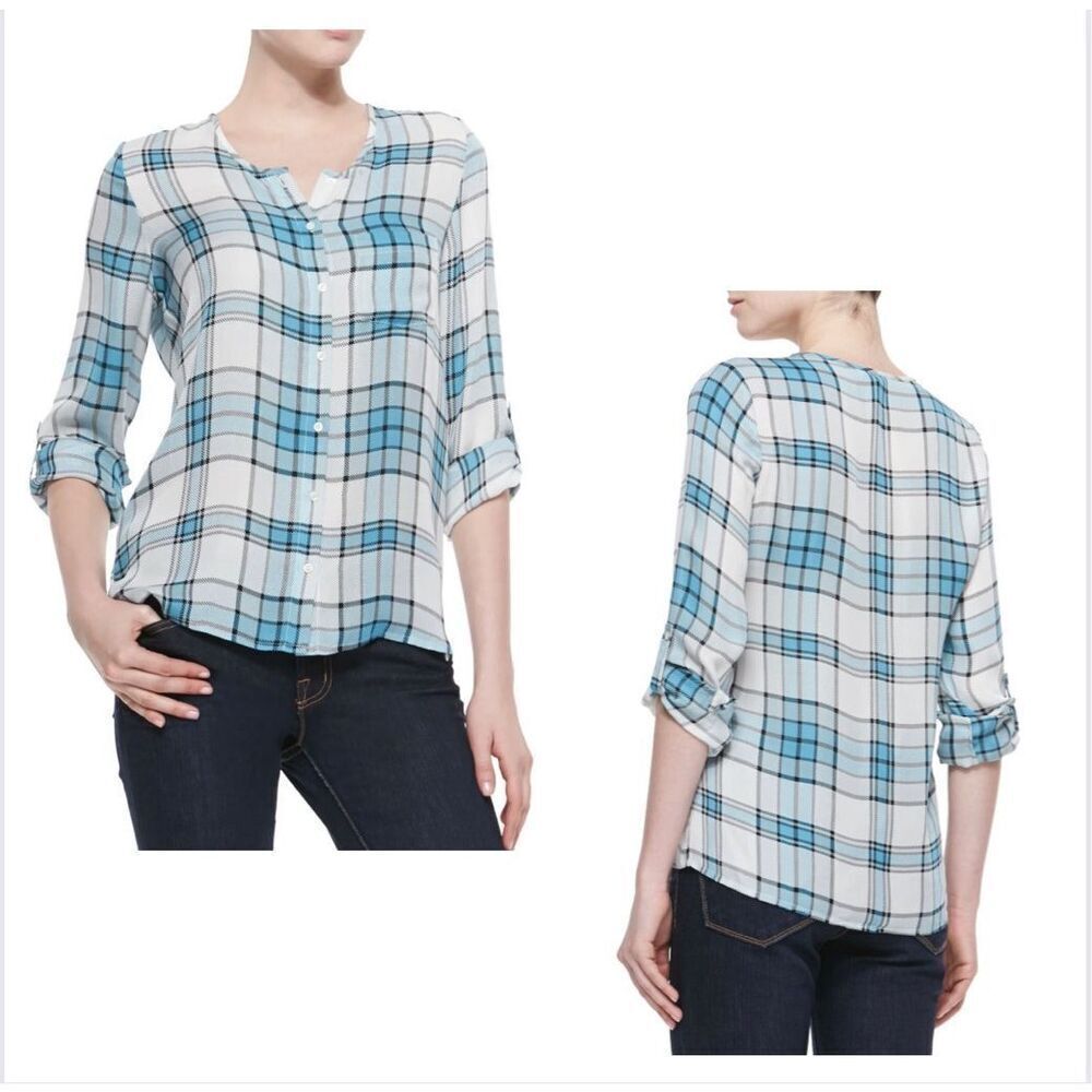 Joie Blue Multi Color Plaid Silk Shirt Medium Button Up Roll Tab Sleeves